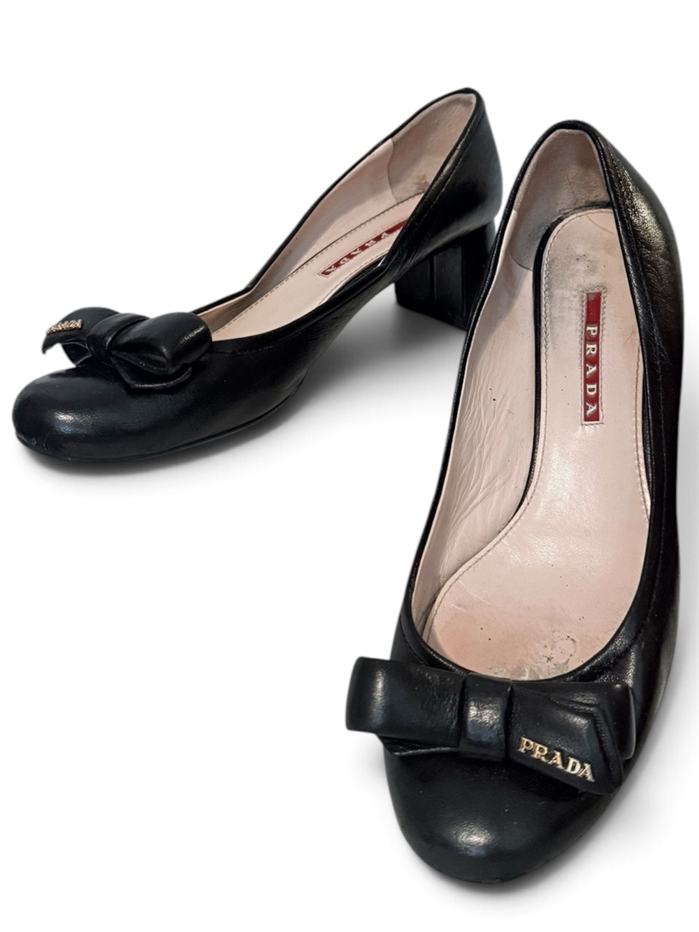 Prada Vintage Black Leather Bow Block Heel Pumps with Gold Logo Size 36.5